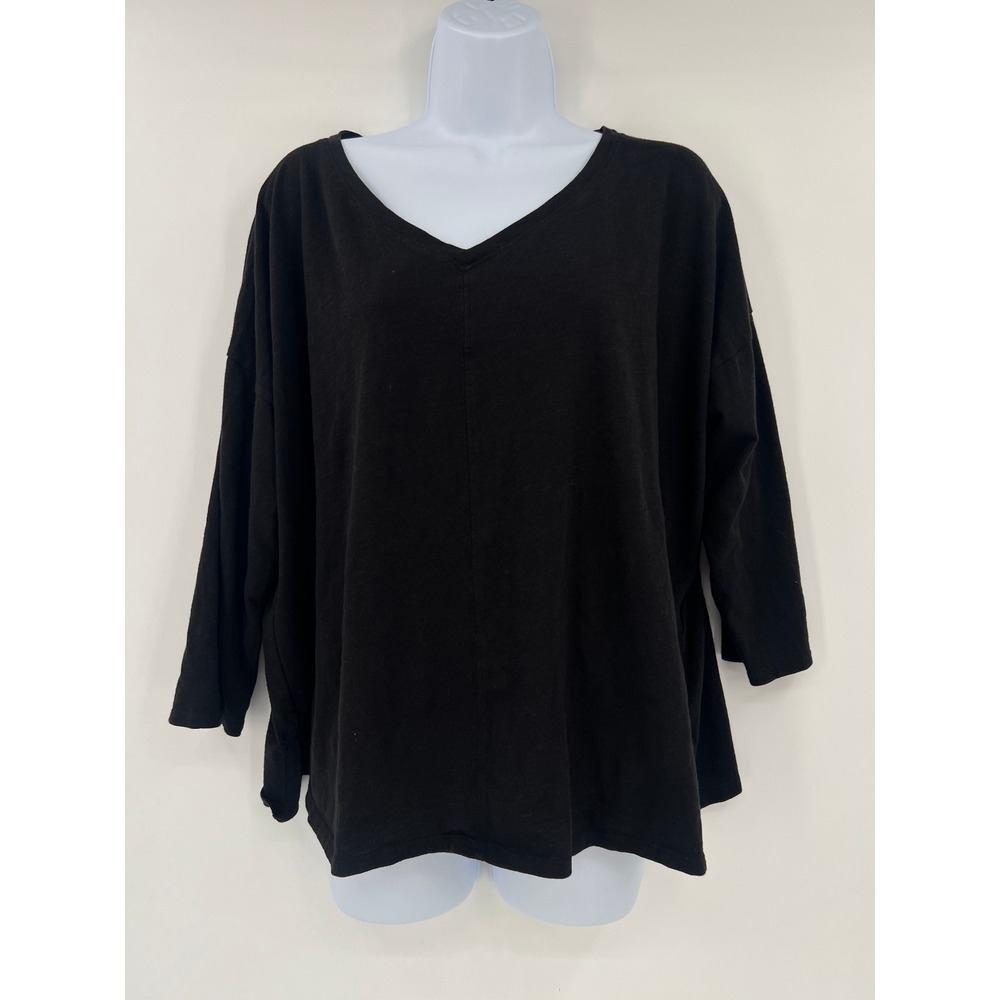 Eileen Fisher Black Organic Cotton V-Neck Boxy Top XL Drop Shoulder 3/4 Sleeve